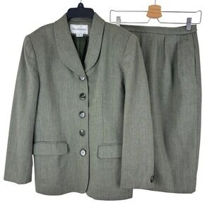 Vintage‎ 90s Jacobson's Herringbone Skirt Suit Olive Green Size 8 Office Classic